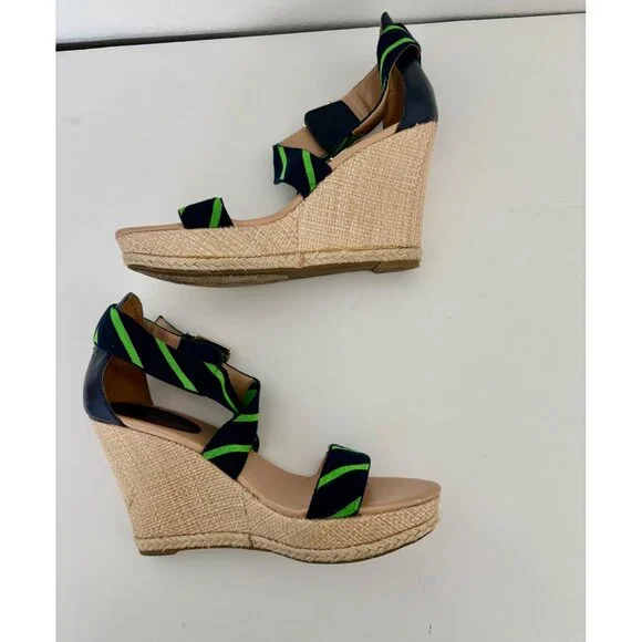 Tommy Hilfiger Sandals 10 Wedge Navy Green Striped Espadrille Preppy Nautical - Picture 9 of 16